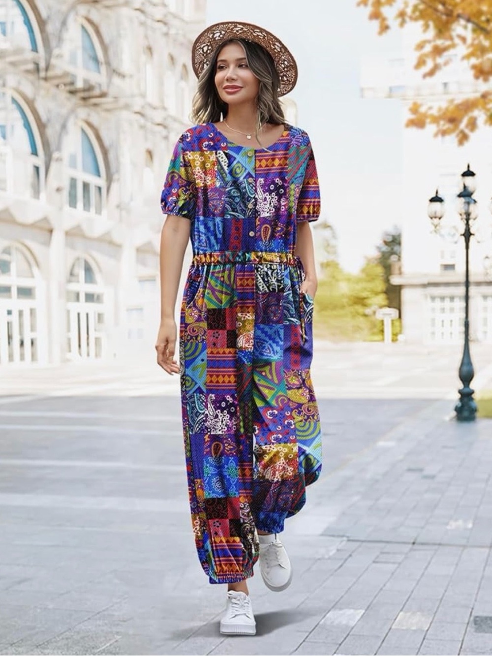 NEW jumpsuit for women casual floral boho cropped drawstring romper short sleeve